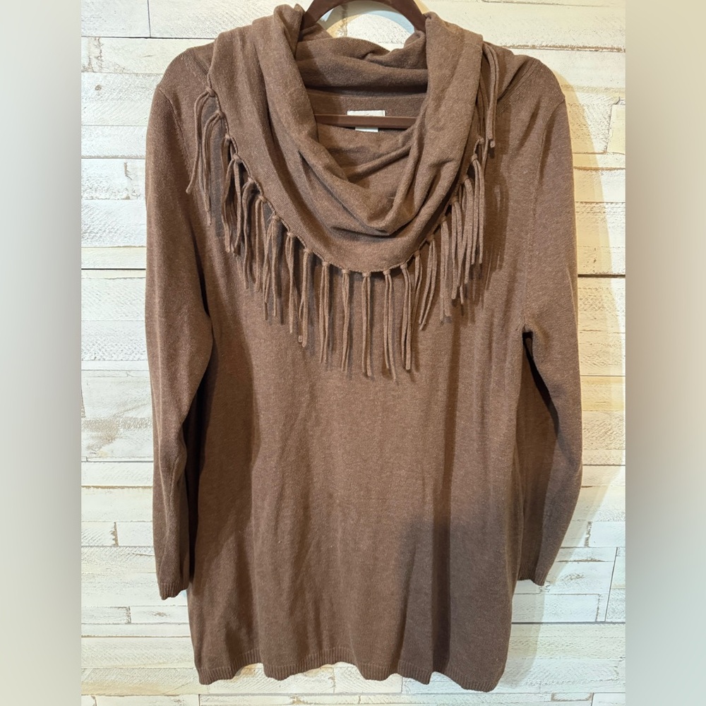 Tasha Polizzi Tan Fringe Cowl Neck Sweater